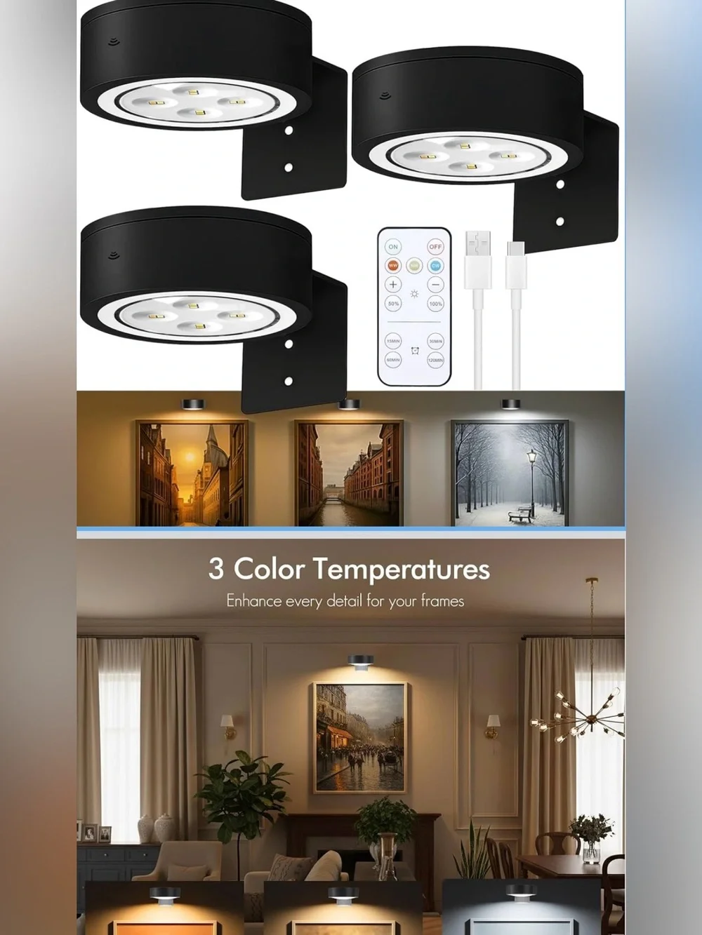 3 Pack Picture Lights LED Wall Light - Black